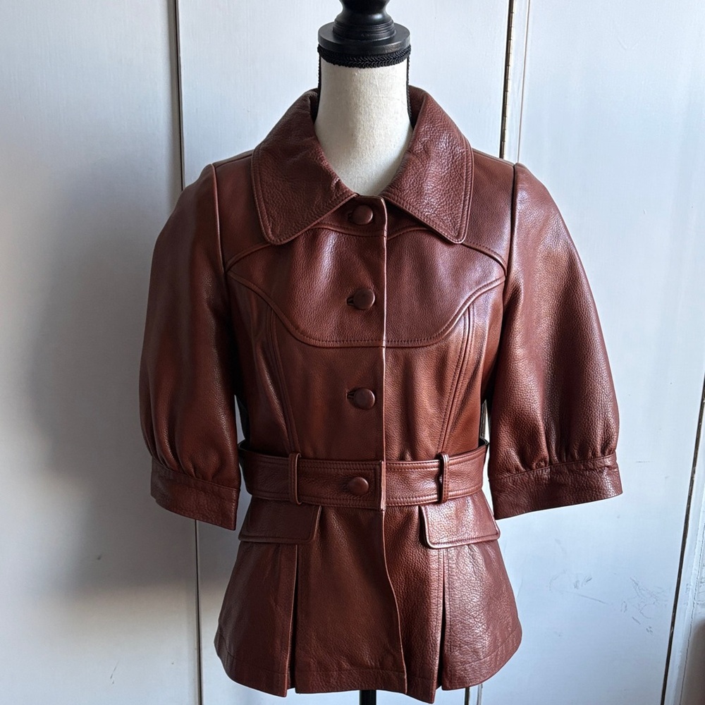 [Hayden Harnett] Brown Short-Sleeved Peplum Leather Jacket